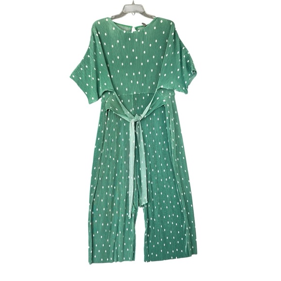 ASOS DESIGN Plisse Tie Front Jumpsuit in Green White Polka Dot Wide Leg Size 12P - Picture 1 of 10